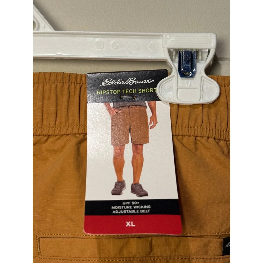 New! Eddie Bauer Ripstop Tech Shorts Mens XL Brown Sugar UPF 50 Moisture Wicking